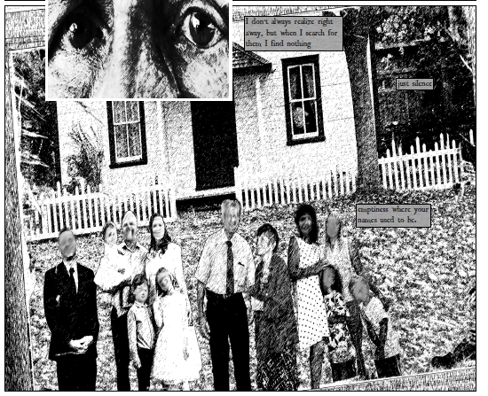 An image of a family with their faces blurred in a black and white sketch aesthetic