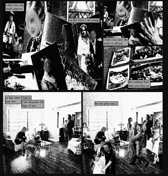 a comic excerpt with 5 panels in a black and white sketch aesthetic